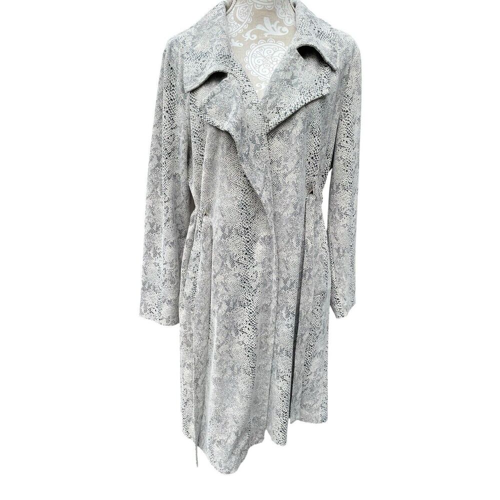 Alice Blue Gray Snakeskin Print Duster Coat Large Tie Waist Trench Style Size L